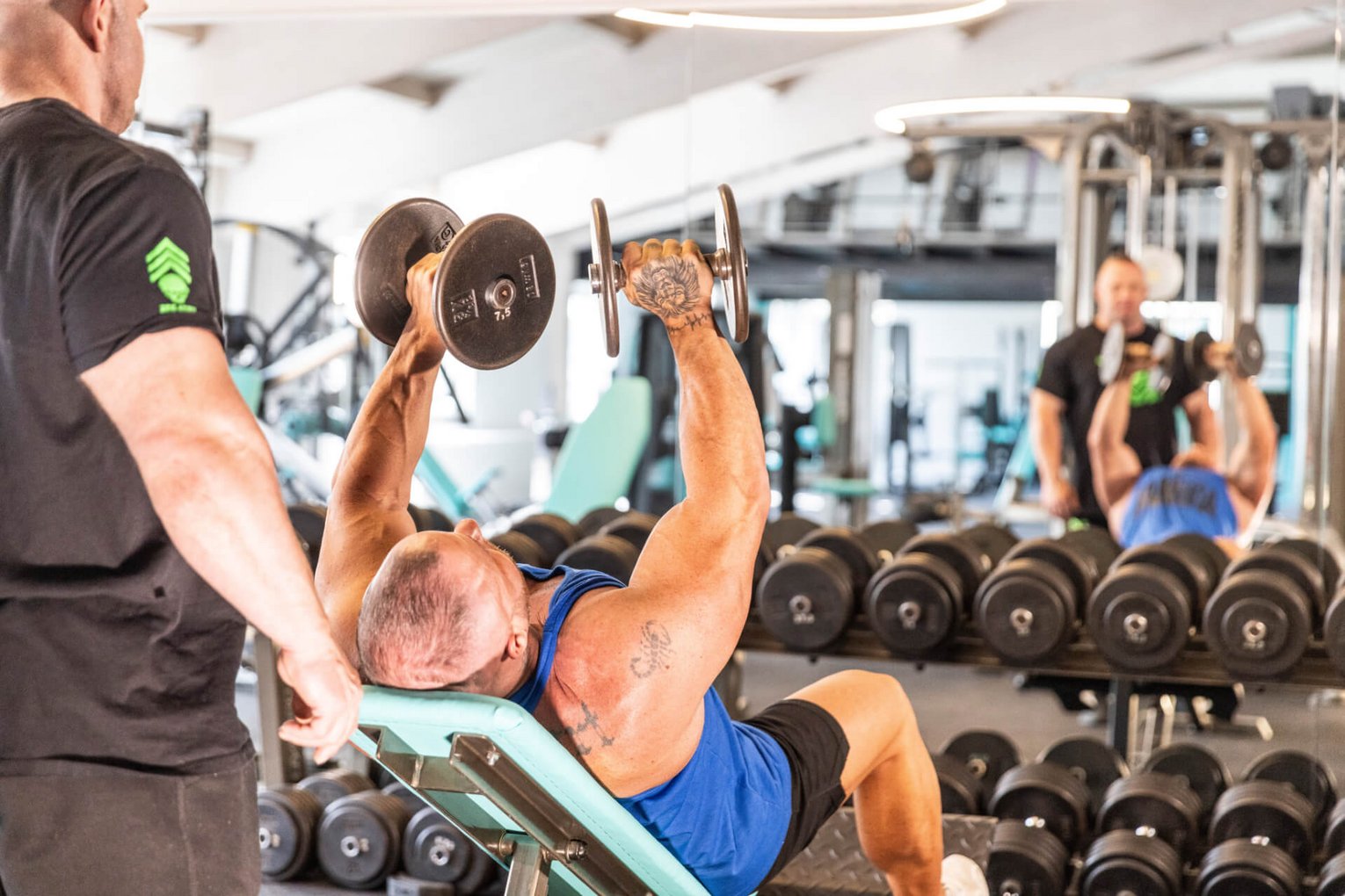 Tobi's Gym Bankdrücken Zwei Männer beim Bankdrücken mit Kurzhanteln in Tobi's Gym